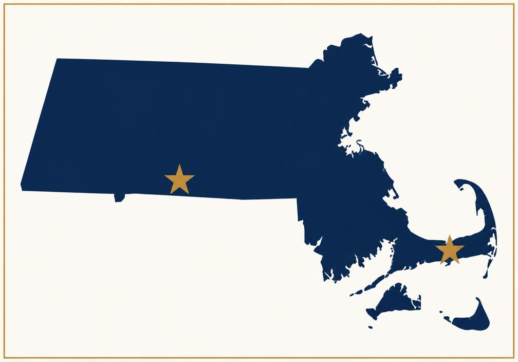Map graphic of Massachusetts with markers at Sturbridge and Hyannis